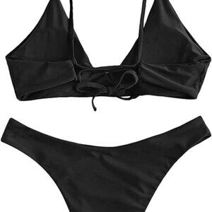 ZAFUL Women's Tie Back Padded High Cut Bralette Bikini Set Two Piece Swimsuit